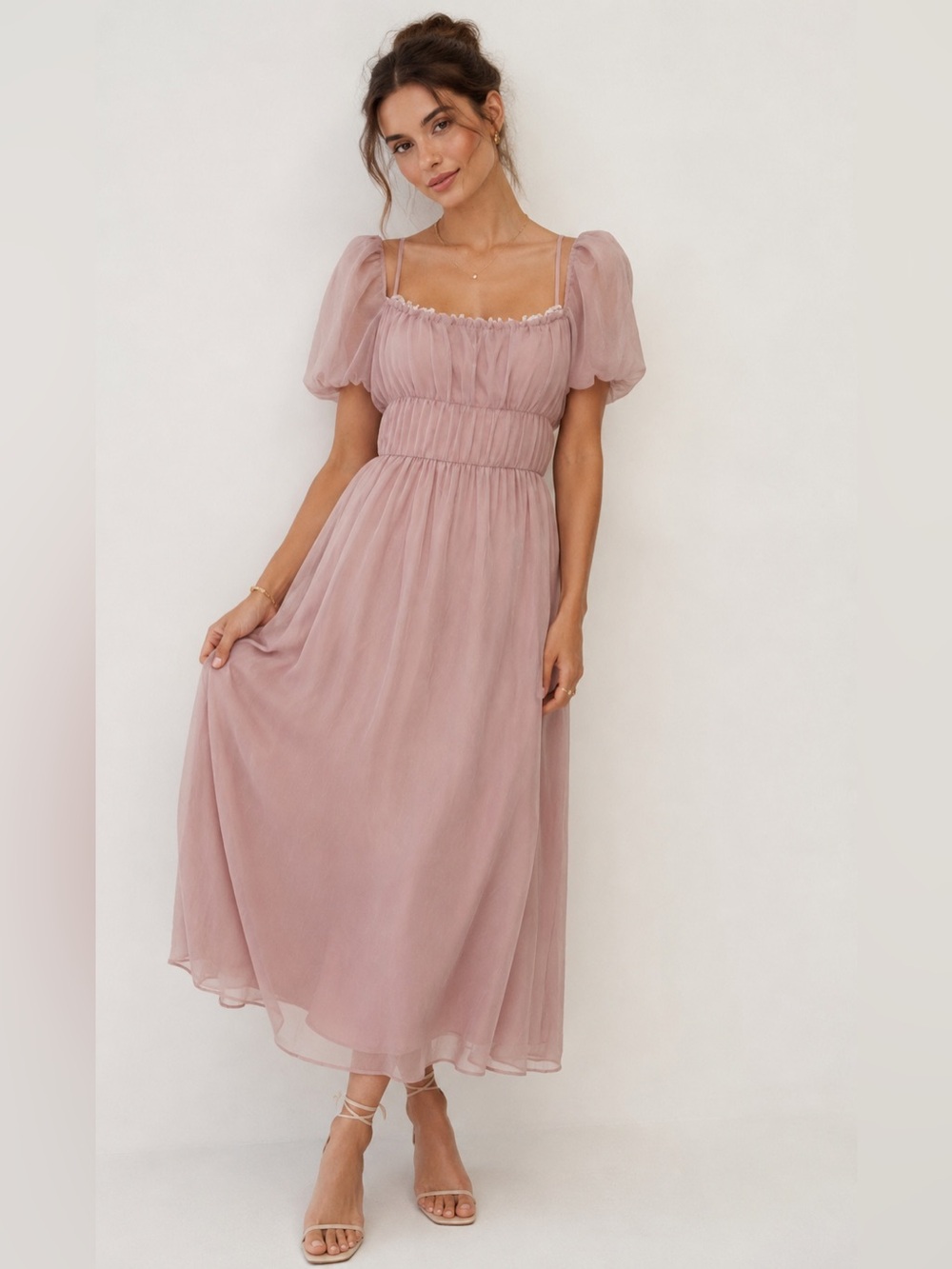 Reformation Mayme Dress Blush Pink Puff Sleeve Midi Dress US 4